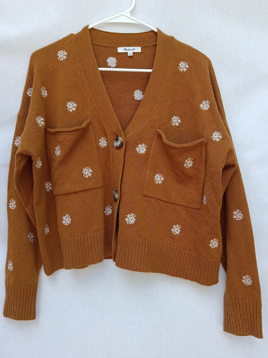Madewell Sweaters - Madewell Rust Brown Floral Embroidered Pocket Cropped Cardigan Sweater Y2K M